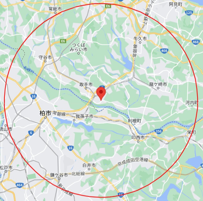 あすえる訪問鍼灸マッサージ取手から半径16kmの地図